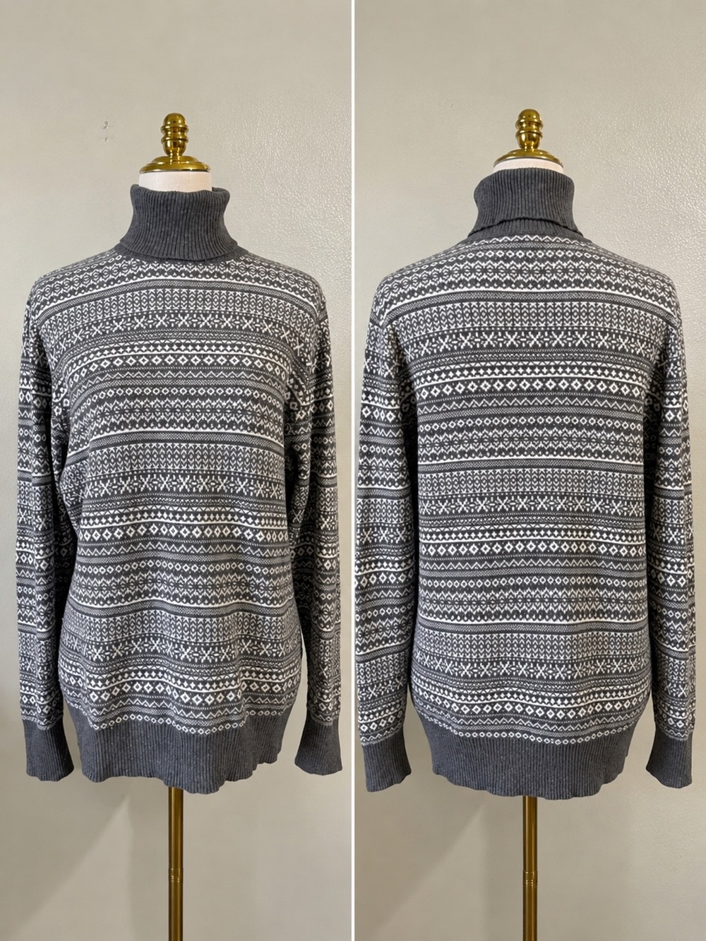 LL Bean Fair Isle Gray Cotton Cashmere Turtleneck Sweater Knit Fishermen Large